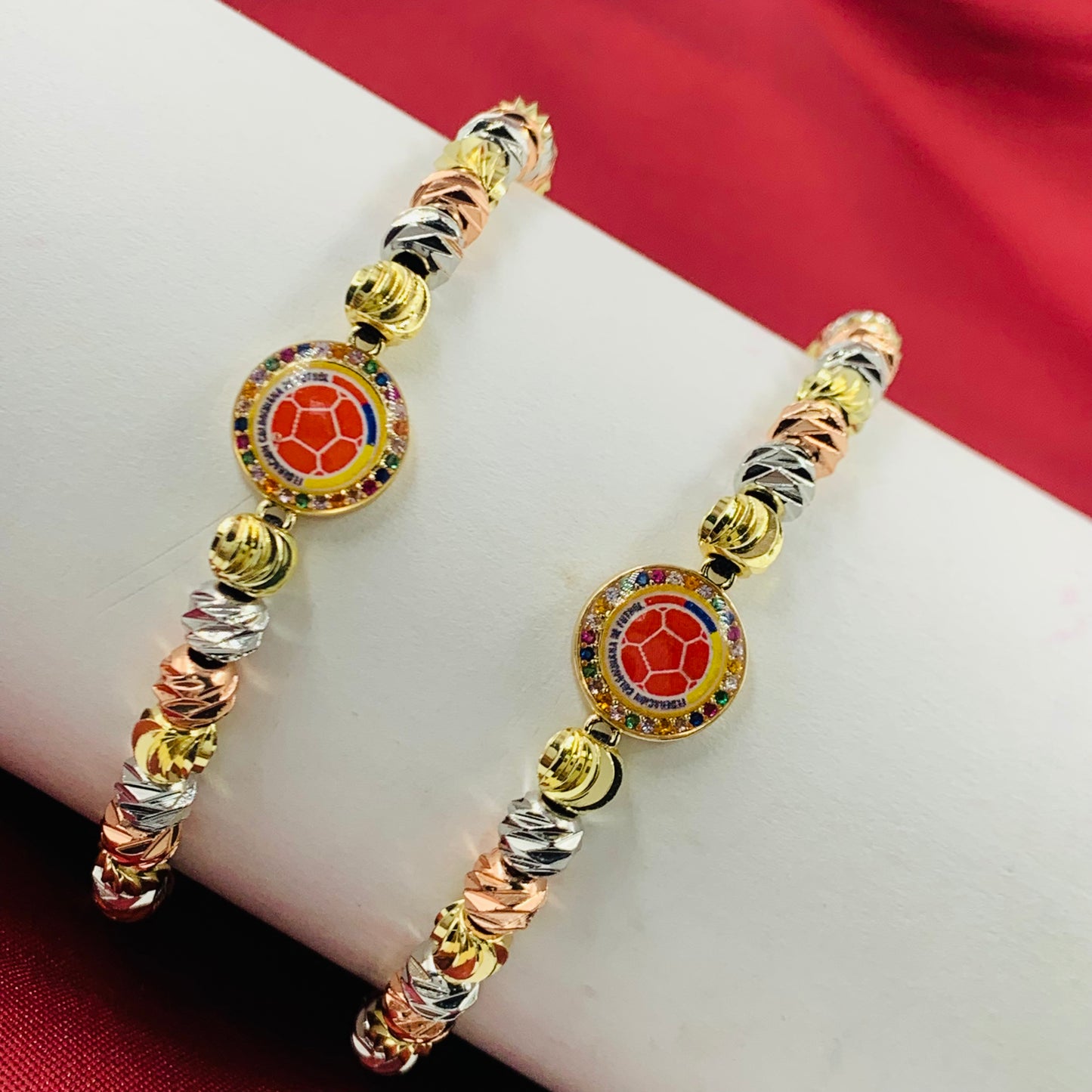 PULSERA RODIO BALIN DIAMANTADO 3 OROS BALON COLOMBIA