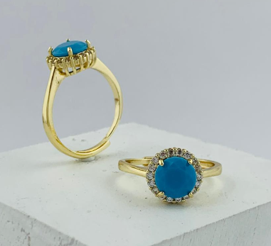 ANILLO RODIO DORADO DELGADO CIRCONES CIRCULAR PERLA AZUL