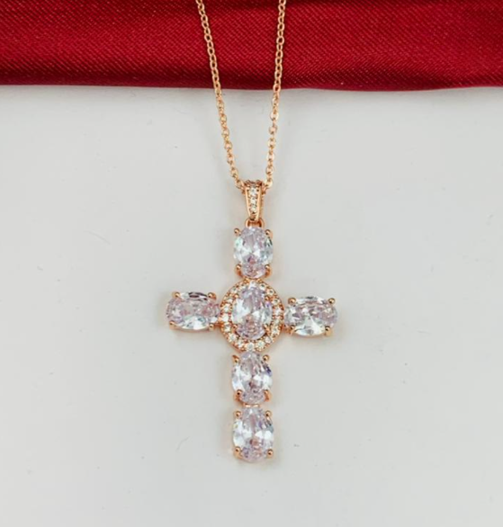 DUO RODIO CRUZ CIRCONES GRANDE TIPO DIAMANTE ROSA