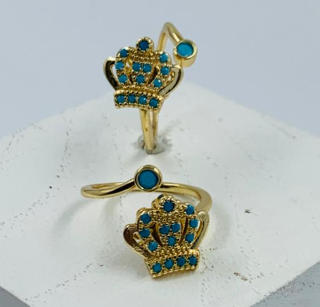 ANILLO RODIO GIRATORIO CORONA CIRCON AZUL DORADO