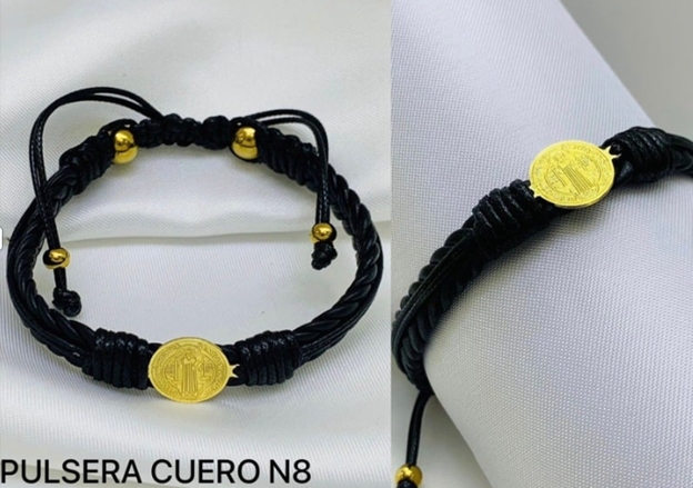 PULSERA CUERO ACERO INOXIDABLE MEDALLA SAN BENITO
