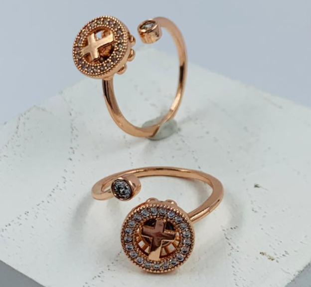 ANILLO RODIO GIRATORIO CRUZ CIRCULAR CIRCON BLANCO ROSA