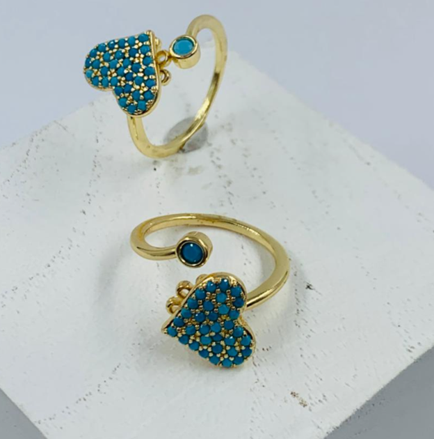 ANILLO RODIO GIRATORIO CORAZON CIRCON AZUL DORADO