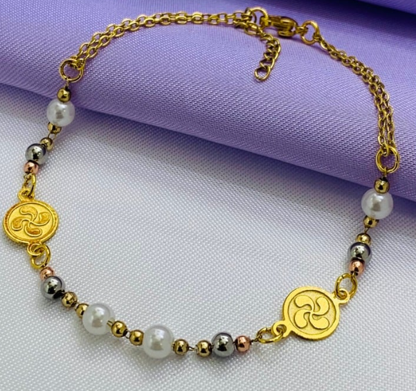 PULSERA ACERO INOXIDABLE PERLA 3 OROS