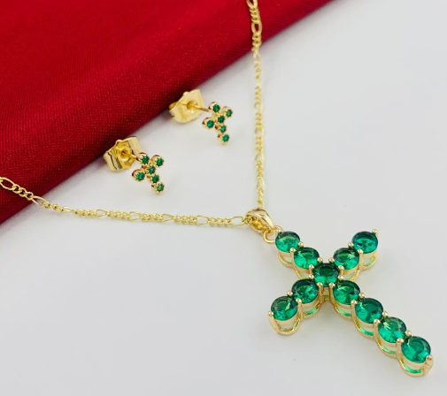 JUEGO RODIO CRUZ CIRCONES VERDES CIRCULARES DORADO