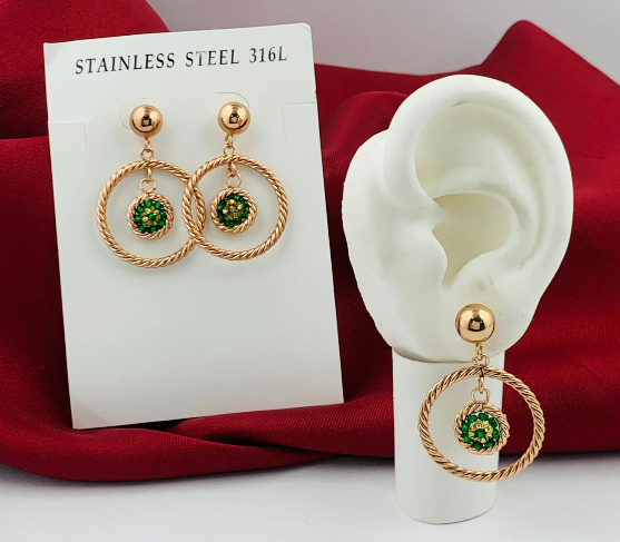 ARETE ACERO INOXIDABLE FILIGRANA ROSA TEJIDO VERDE