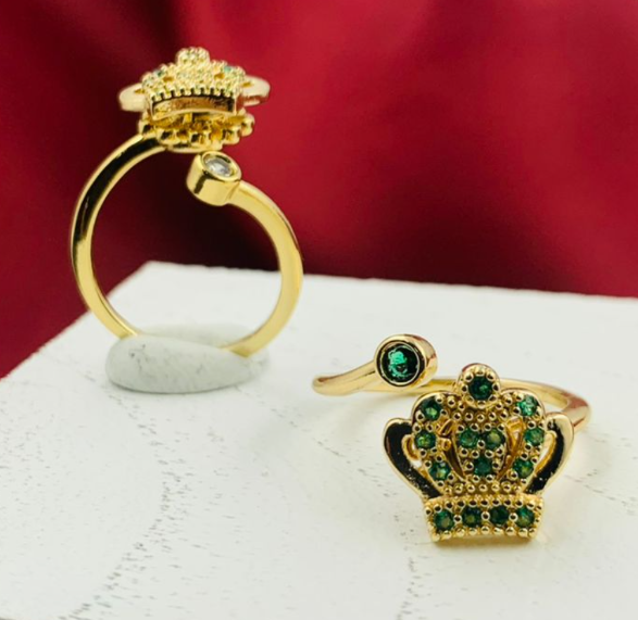 ANILLO RODIO GIRATORIO CORONA CIRCON VERDE DORADO