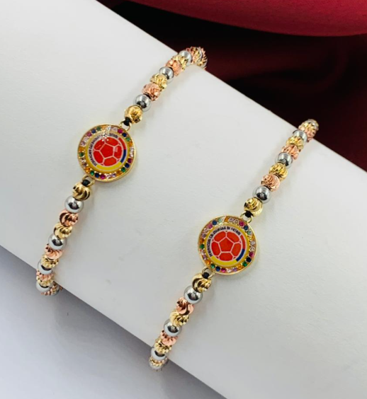 PULSERA RODIO COLOMBIA BALIN DIAMANTADO 3 OROS MEDALLA ESCUDO