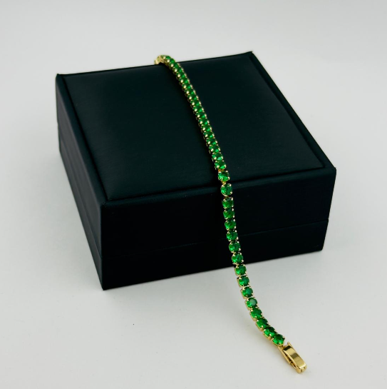 PULSERA RODIO TENIS CIRCON VERDE DORADO