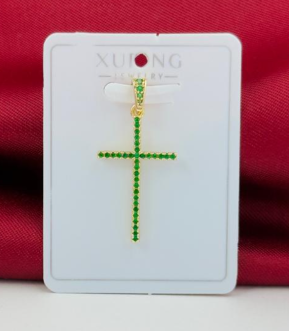 DIJE RODIO CRUZ DELGADA CIRCON VERDE DORADO