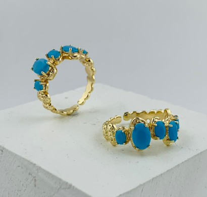 ANILLO RODIO PERLAS AZULES OVALOS DORADO