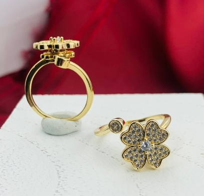 ANILLO RODIO FIRATORIO TREBOL 4 HOJAS CIRCON BLANCO DORADO