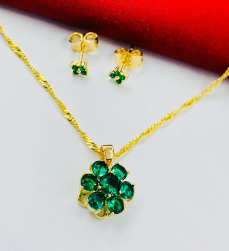 JUEGO RODIO GIRATORIO FLOR CIRCON GRANDE VERDE DORADO