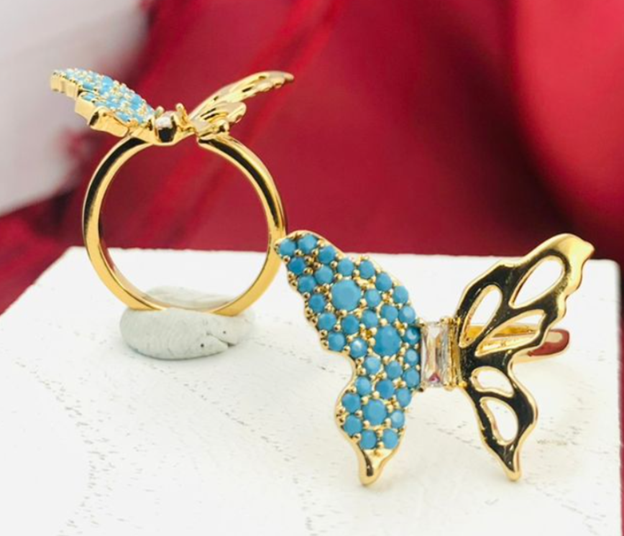 ANILLO RODIO MARIPOSA MITAD CIRCON AZUL DORADO