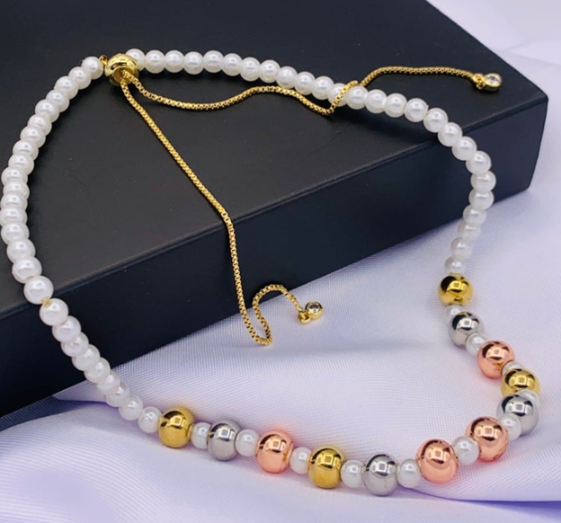 COLLAR PERLA 3 OROS ACERO INOXIDABLE