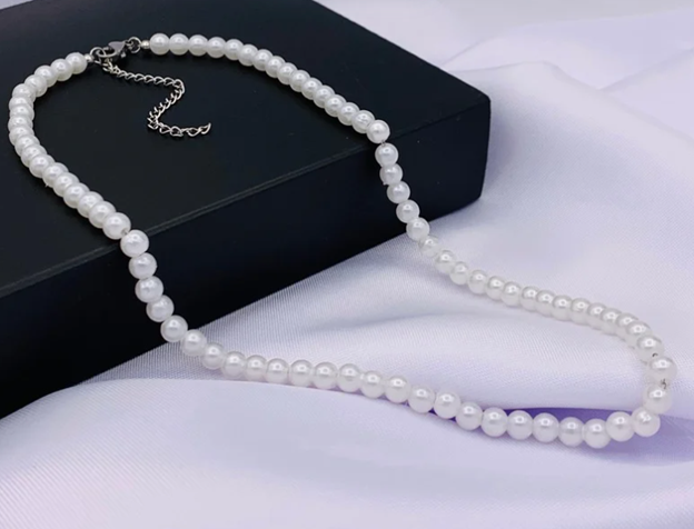 COLLAR PERLA BLANCO PLATEADO ACERO INOXIDABLE