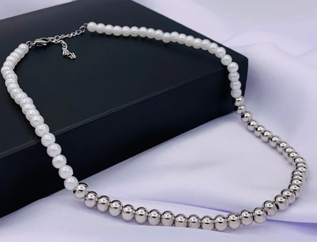 COLLAR PERLA PLATEADO ACERO INOXIDABLE