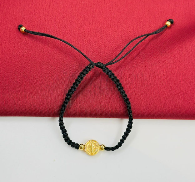 PULSERA RODIO TEJIDA NEGRA MEDALLA SAN BENITO