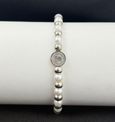 PULSERA RODIO PLATEADO PERLA MEDALLA