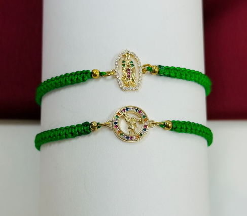 PULSERA RODIO TEJIDA VERDE DIJE VIRGEN Y PALOMA