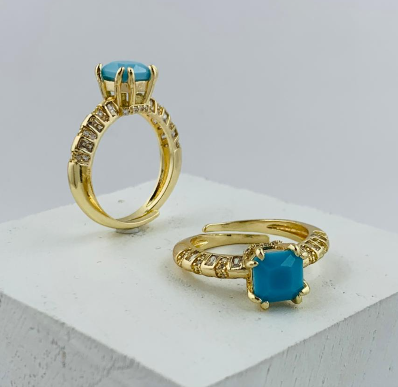 ANILLO RODIO DORADO CIRCONES PERLA AZUL CUADRADA