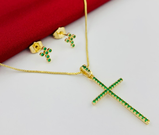 JUEGO RODIO CRUZ LARGA CIRCON VERDE