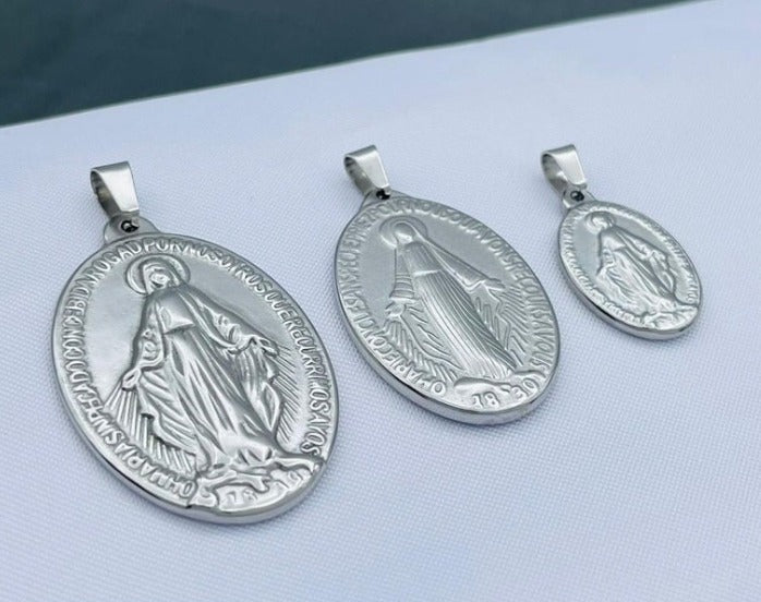 DIJE MEDALLA DE LA MILAGROSA VIRGEN PLATEADO ACERO INOXIDABLE