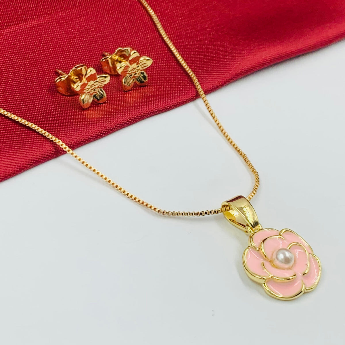 JUEGO RODIO FLOR PERLA ROSADO DORADO