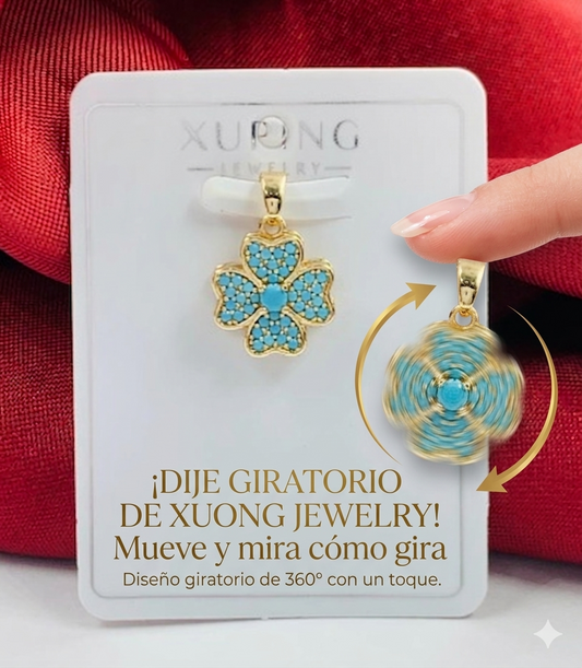 DIJE RODIO GIRATORIO TREBOL CIRCON AZUL DORADO