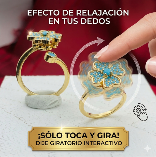 ANILLO RODIO GIRATORIO TREBOL 4 HOJAS CIRCON AZUL DORADO