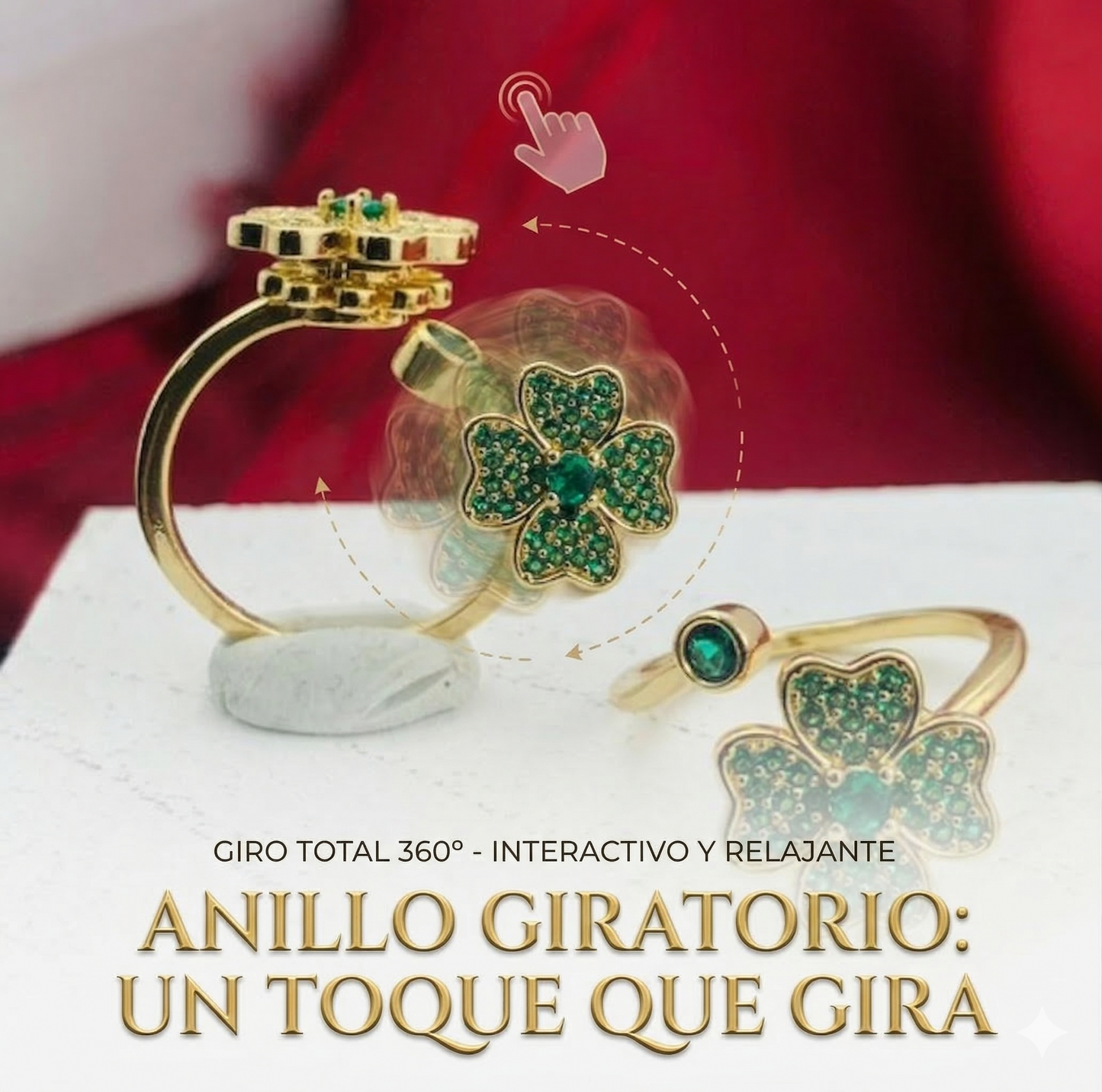 ANILLO RODIO GIRATORIO TREBOL 4 HOJAS CIRCON VERDE DORADO