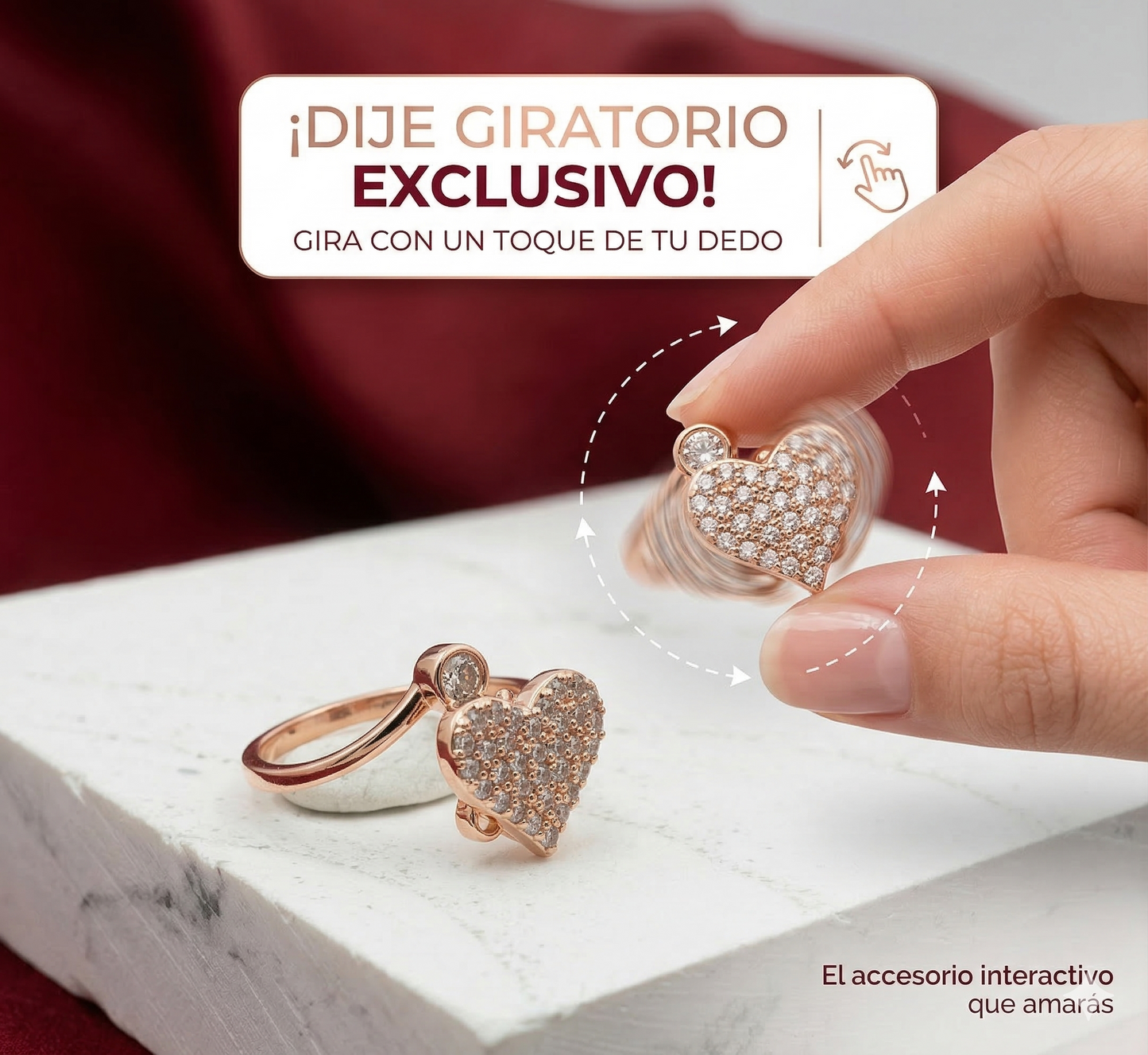 ANILLO RODIO GIRATORIO CORAZON CIRCON BLANCO ROSA
