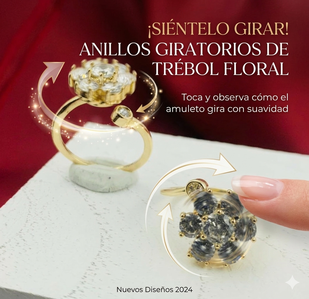 ANILLO RODIO GIRATORIO FLOR CIRCON GRANDE BLANCO DORADO