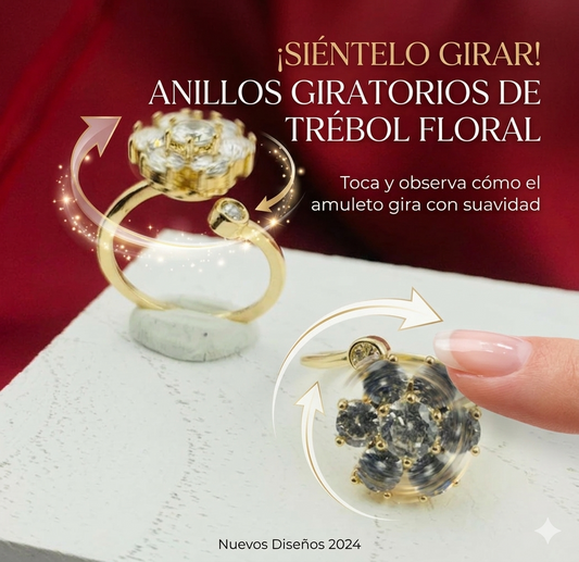ANILLO RODIO GIRATORIO FLOR CIRCON GRANDE BLANCO DORADO
