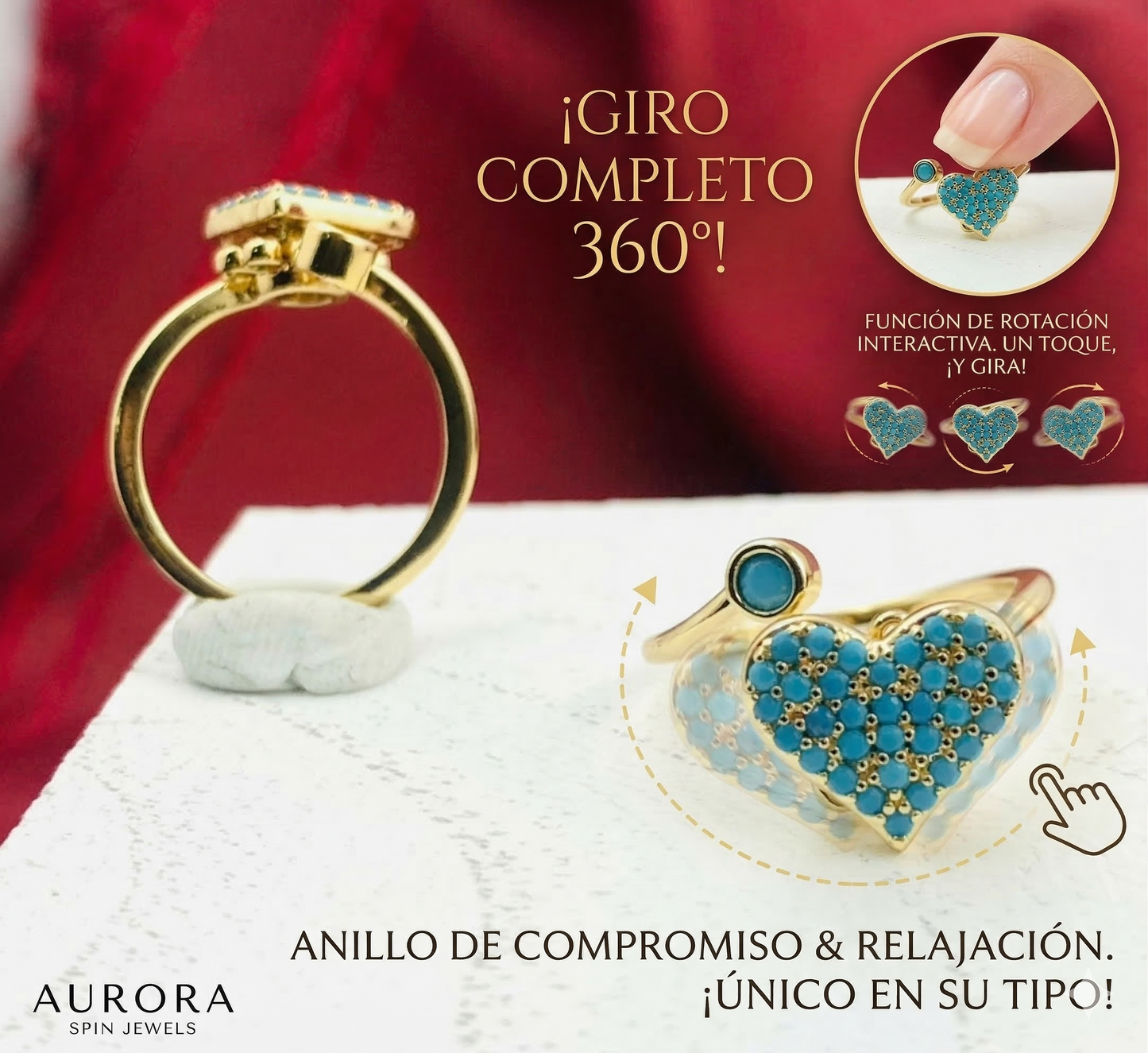 ANILLO RODIO GIRATORIO CORAZON CIRCON AZUL DORADO