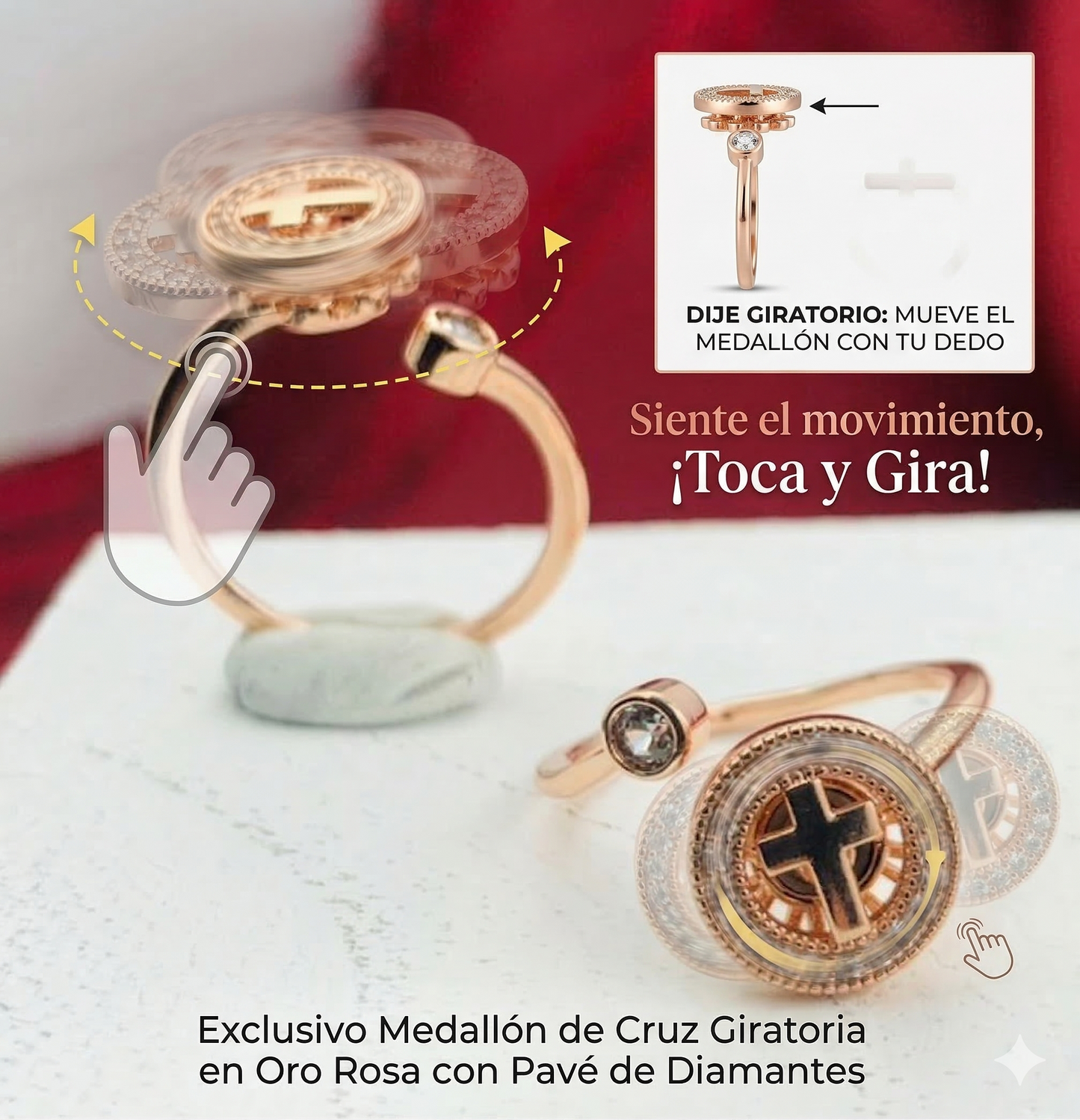 ANILLO RODIO GIRATORIO CRUZ RUEDA CIRCON BLANCO ROSA