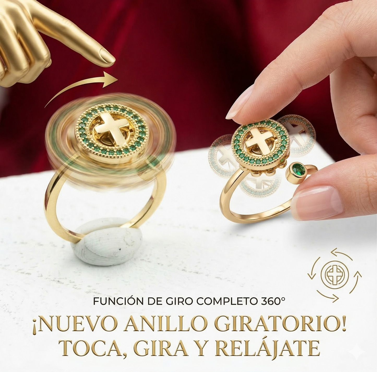 ANILLO RODIO GIRATORIO CRUZ REDONDO CIRCON VERDE DORADO