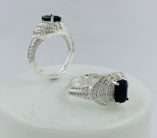ANILLO RODIO PLATIZADO CIRCON NEGRO CUADRADO GRANDE LLENO CIRCONES