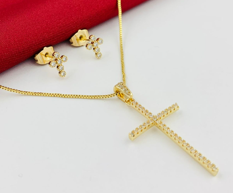 JUEGO RODIO CRUZ CIRCON BLANCO