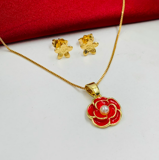 JUEGO RODIO FLOR PERLA ROJO DORADO