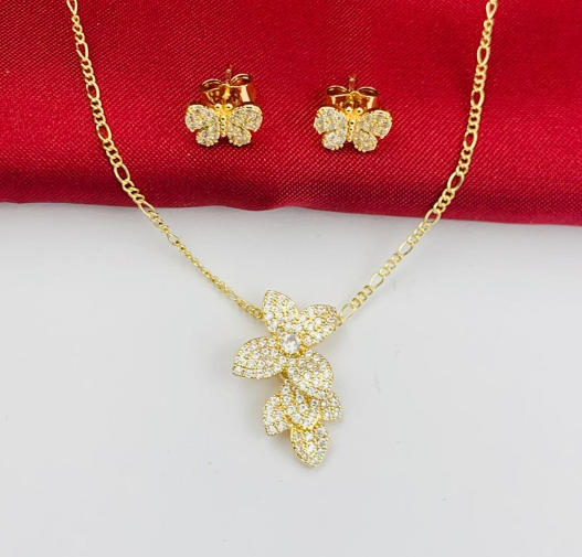 JUEGO RODIO FLOR COLGANTE CIRCONES DORADO