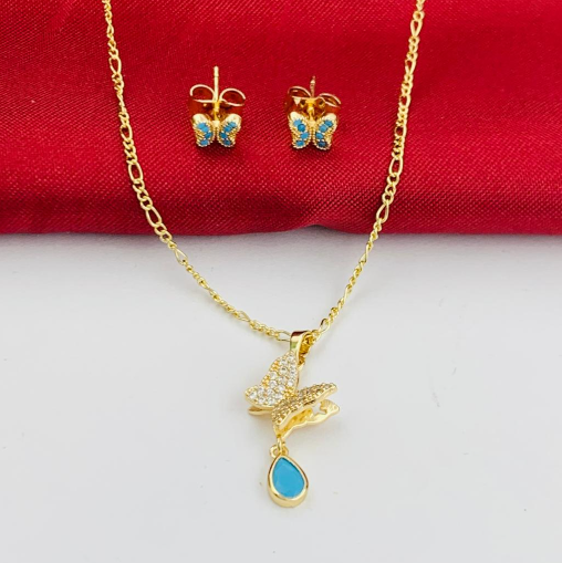 JUEGO RODIO MARIPOSA CIRCON AZUL COLGANDO