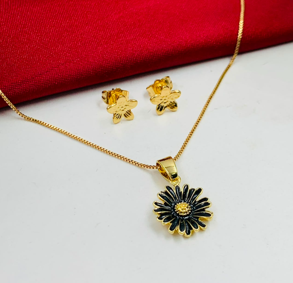 JUEGO RODIO FLOR NEGRO TIPO GIRASOL DORADO