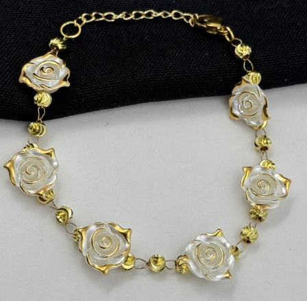 PULSERA RODIO FLOR PERLA DORADO