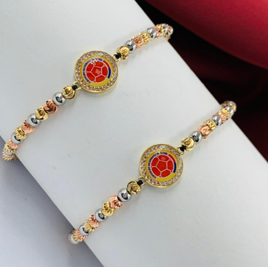 PULSERA RODIO COLOMBIA BALIN DIAMANTADO 3 OROS ESCUDO