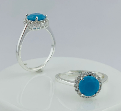 ANILLO RODIO CIRCON AZUL REDONDO CIRCONES ALREDEDOR