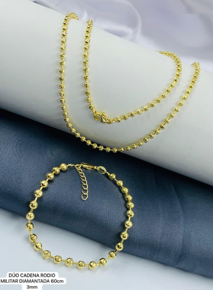 DUO RODIO CADENA PULSERA MILITAR DIAMANTADO DORADO 60CM
