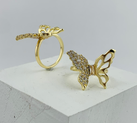 ANILLO RODIO MARIPOSA MITAD CIRCON MITAD DORADO