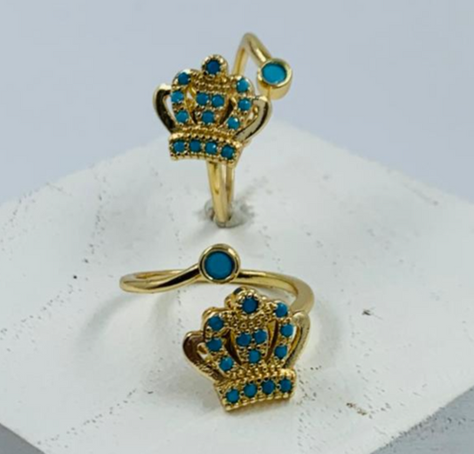 ANILLO RODIO GIRATORIO CORONA CIRCON AZUL DORADO