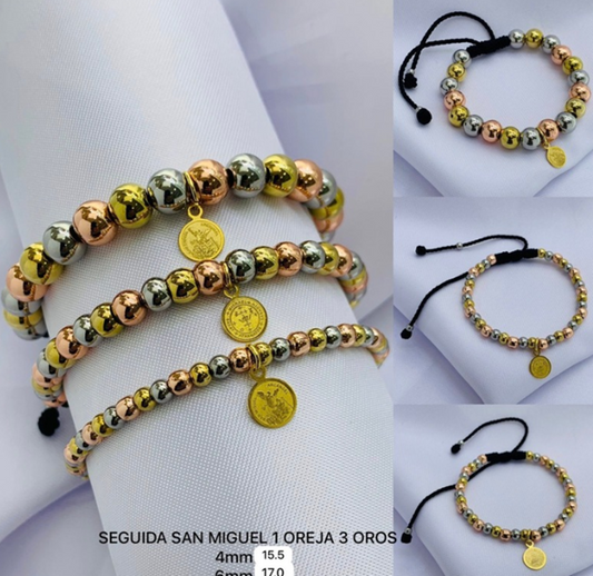 PULSERA ACERO INOXIDABLE 3 OROS MEDALLA